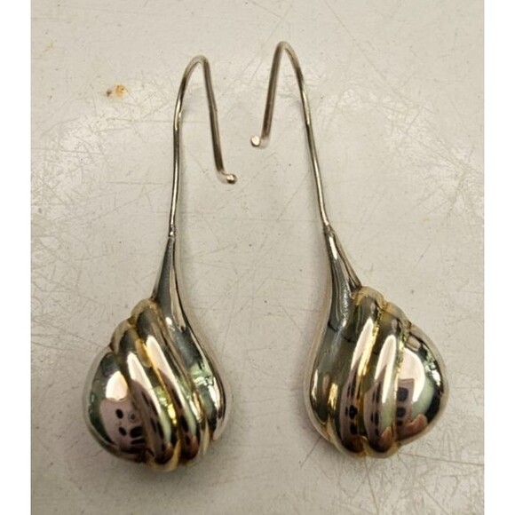 925 Ribbed with Gold Puffy Tear Drop Threader Style Earrings 1 5/8"Lx1/2"W - Picture 5 of 9